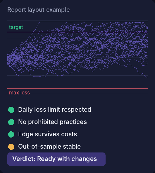 Example layout of an audit report: Monte Carlo paths against target and loss lines, a checklist and a verdict